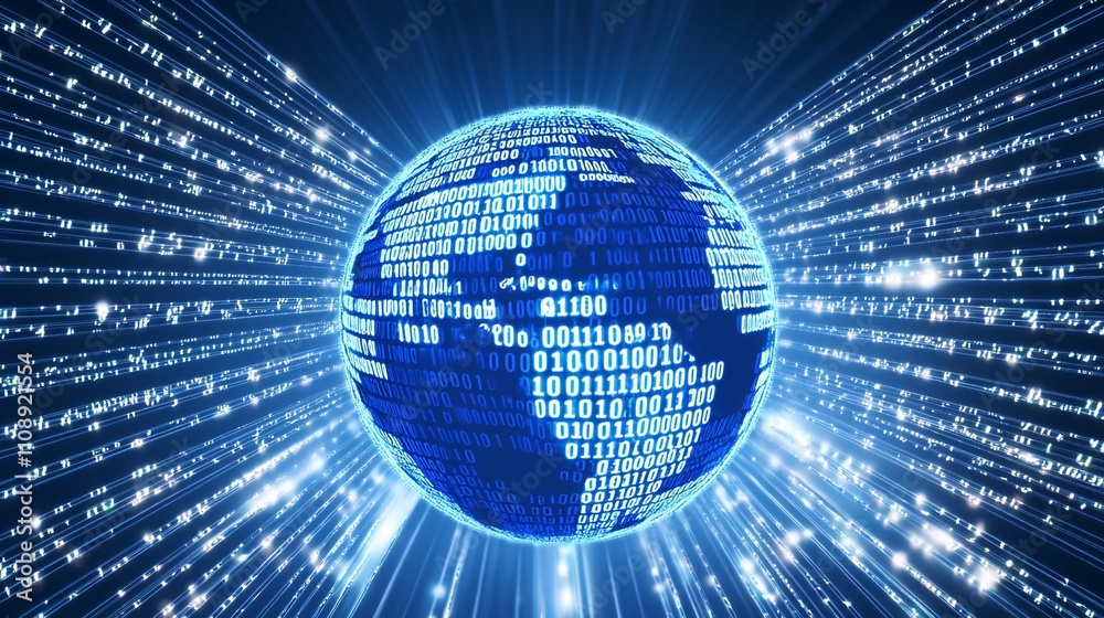 Aufkleber Global digital data network, binary code streams around earth.