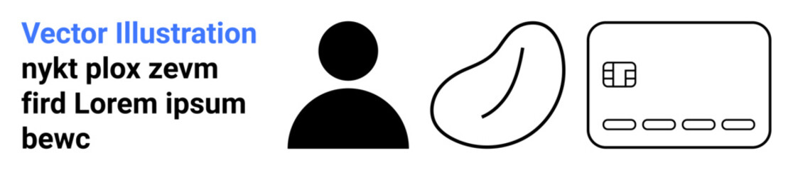 Icons include a user profile silhouette, an abstract bean shape, and a credit card outline. Ideal for user interface, identity, finance education, abstract art, branding, web design business