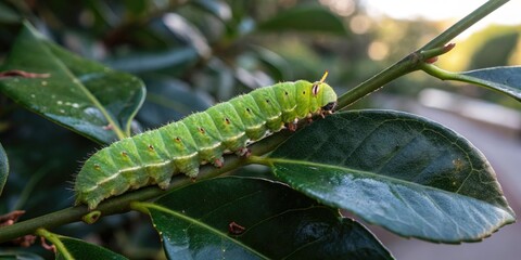 Captivating Fashion Photography of a Green Caterpillar Crawling Across a Dark Green Glossy Leaf in a Lush Natural Setting