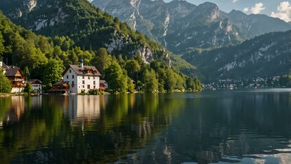 Fototapeta premium Summer landscape with a lake and a white house in Hallstatt, Austria.