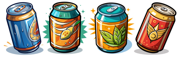 Fototapeta premium Colorful aluminum cans with pull tabs, possibly containing soda or beer, displayed with diverse designs against a white background