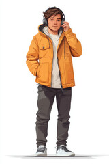 Fototapeta premium A young man in a stylish yellow jacket and headphones stands casually, exuding a modern, urban vibe.