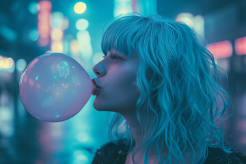 Naklejka premium Young woman with blue hair blows bubblegum bubble in vibrant, neon lit city street at night, capturing modern urban vibe