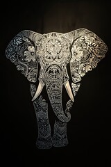 Obraz premium Elephant tattoo in white ink with mandala patterns on a dark black backdrop