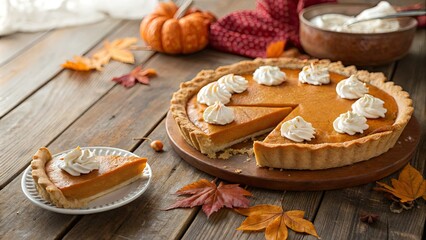 Delicious Pumpkin Pie with Whipped Cream and Slices Taken Out - Perfect Fall Dessert for Thanksgiving and Autumn Celebrations
