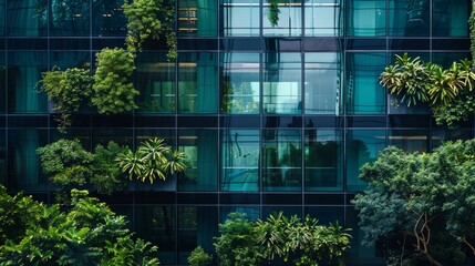 Architecture a modern glass building with a lot of green plants trees and bushes for business architecture environmental friendly, design, exterior, sky, garden