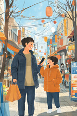 Obraz premium A mother and child stroll through a vibrant market street, surrounded by colorful lanterns and shops, enjoying their day together.