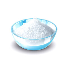 White sugar crystals in a blue glass bowl.
