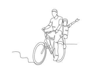 Single continuous line drawing of A man and his son enjoy cycling in the park. Dynamic single line draw design graphic vector illustration.
