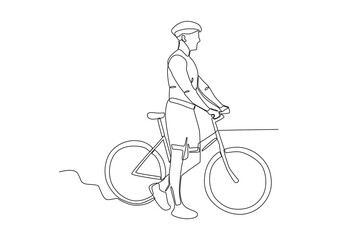 Single continuous line drawing of Man pushing his bicycle in the park. Dynamic single line draw design graphic vector illustration.
