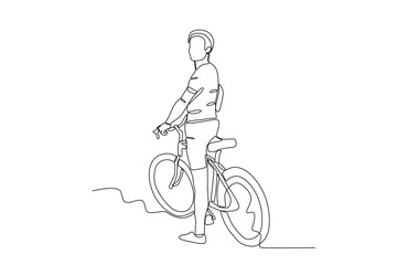 Single continuous line drawing of Man resting sitting on his bicycle in the park. Dynamic single line draw design graphic vector illustration.

