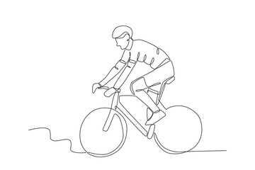 Single continuous line drawing of Man who enjoys cycling in the park. Dynamic single line draw design graphic vector illustration.
