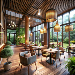 Obraz premium Art Corridor Cafe with Expansive Windows and Natural Ambiance