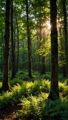 Obraz premium Sunlit forest clearing with vibrant green foliage.