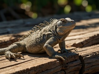 Obraz premium Sunlit iguana resting on wood.