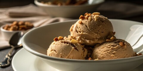 Fresh Hazelnut Ice Cream on Plate in Low Light Photography &acirc;&euro;&ldquo; Delicious Dessert, Creamy Treat, Gourmet Food, Natural Ingredients, Artisan Ice Cream, Healthy Indulgence, Sweet Delight