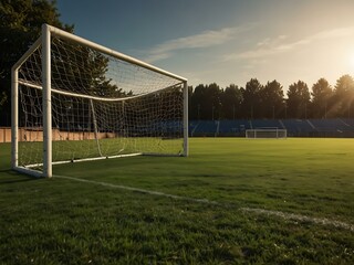 Sunlit soccer field with goalposts and empty stands.