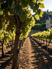 Fototapeta premium Sunlit vineyard rows leading to a refined chateau.