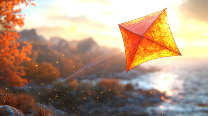Orange kite floating at sunset over an autumn landscape. AI-generated.