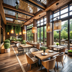 Fototapeta premium Art Corridor Cafe with Expansive Windows and Natural Ambiance