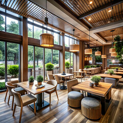 Fototapeta premium Art Corridor Cafe with Expansive Windows and Natural Ambiance
