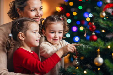 Holiday Joy: Mum Helping Her Daughters Decorate the Christmas Tree