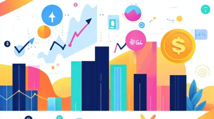 Obraz premium Abstract illustration of financial growth, upward trends, and profit increase shown with charts, graphs, and icons.
