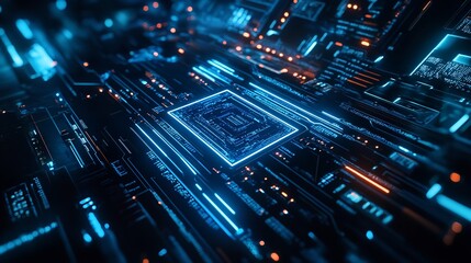 Glowing Light Blue Neon AI Chip with Thin Circuit Contact Lines