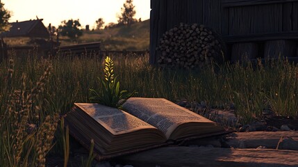 Obraz premium Open Book with a Flower Growing from Its Pages in a Rustic Setting