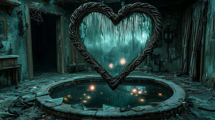 Fototapeta premium Heart-shaped mirror reflecting distorted visions