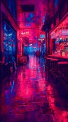 Fototapeta premium A vibrant neon-lit alleyway with reflections on a wet surface, creating a moody atmosphere.