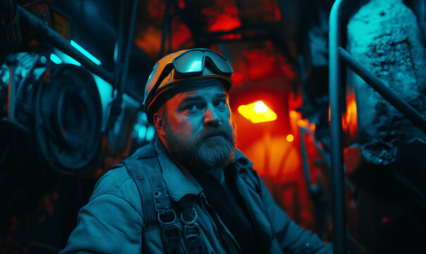 Bearded Miner at Work in an Industrial Setting near to machines