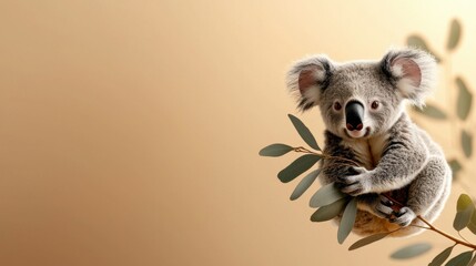 A cute koala clings to a branch, surrounded by leaves, against a soft, warm background.