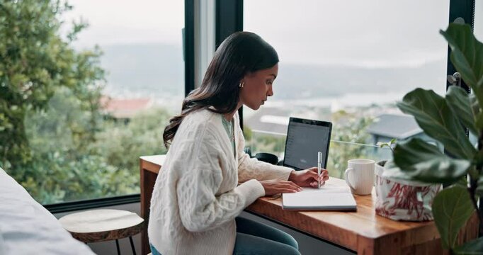 Journal, laptop or woman writing in home or hotel for travel, remote work or blog ideas in diary. Creative, view or Indian digital nomad with notebook for freelancing, research or online publication
