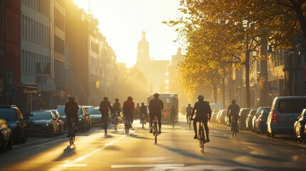 Obraz premium Cyclists Riding in a Bright Morning City Scene