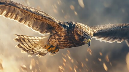 Majestic Hawk in Flight with Outstretched Wings, Capturing the Essence of Freedom and Elegance Amidst a Beautiful Background of Golden Hues