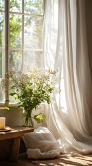 A serene indoor scene with a bouquet of white flowers by a sunlit window.