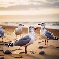 Obraz premium Küsten - Möwen versammeln sich auf sandigem Strand