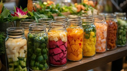 A beautifully arranged display of fermented foods in glass jars, including colorful pickled vegetables and fruits, emphasizing the health benefits of probiotics and a balanced diet