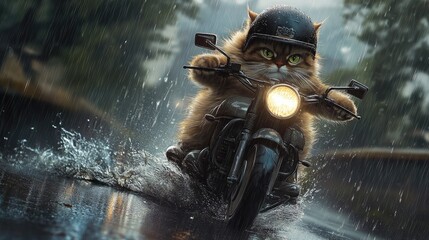 A Cute and Fierce Cat Riding a Motorcycle Through Rainy Streets, Wearing a Helmet and Showcasing Determination and Adventure in a Whimsical Urban Setting