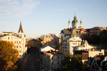 Beautiful view of St. Andrew's Church and St. Andrew's Descent in Kyiv, Ukraine