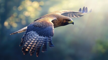 Majestic Hawk in Flight Against a Dreamy Nature Background, Wings Spread Wide, Showcasing Power and Grace in a Serene Environment, Captured in Soft Light