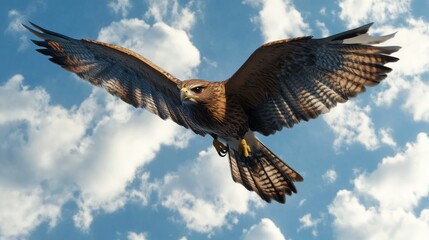 Obraz premium Majestic Hawk Soaring Through a Clear Blue Sky with Dramatic Clouds in the Background, Capturing the Beauty of Avian Wildlife and Nature