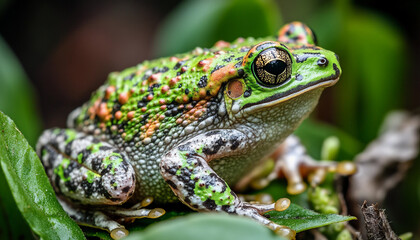 Obraz premium Colorful frog resting on leaves in a lush environment