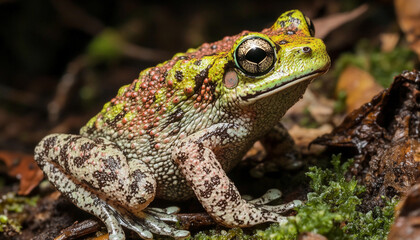 Obraz premium Colorful frog resting on the forest floor in autumn