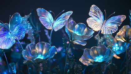 Obraz premium Colorful butterflies and glowing flowers in dark setting