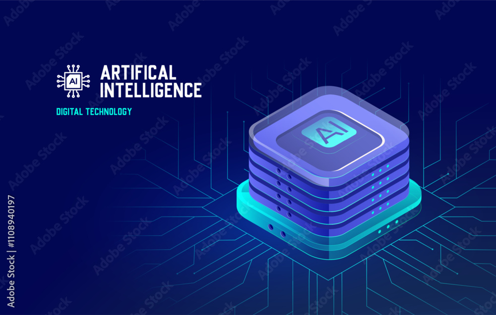 Wall mural artificial intelligence, ai chipset on circuit board. isometric vector landing page for ai, deep lea