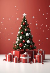 Obraz premium Modern Christmas tree with red and white ornaments, festive gift boxes, snowflake decorations on red background, holiday celebration scene, Ai Generation