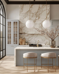 an editorial photograph of a bright grand traditional kitchen with a tall ceiling. An accent wall backsplash made of Calacatta marble with thick veins, traditional modern-style light blue arched shake