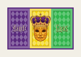 Rectangular Mardi Gras banner, flag with beads, golden venetian face mask in imperial golden crown, harlequin ornament. Traditional holiday colors. Vintage style